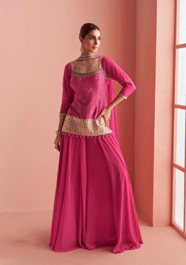 pink Zari Work Silk Blend Salwar Kameez - Indya
