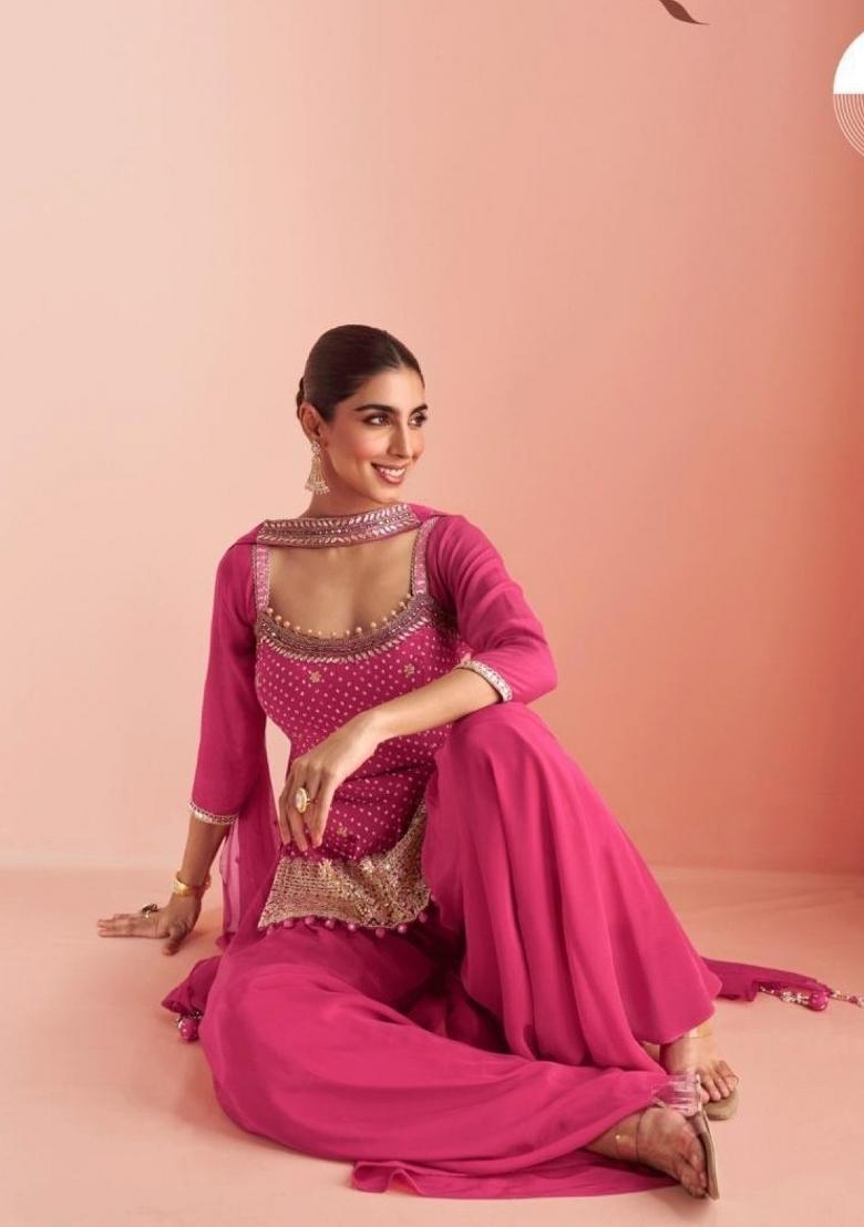 pink Zari Work Silk Blend Salwar Kameez - Indya