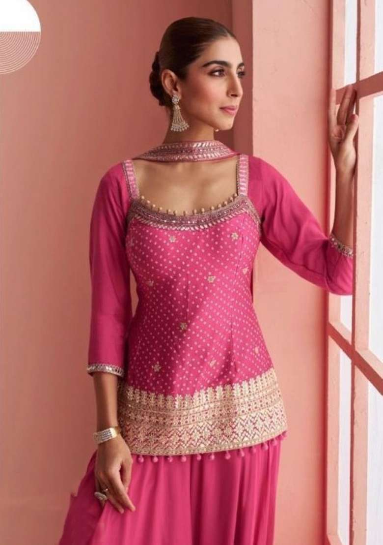 pink Zari Work Silk Blend Salwar Kameez - Indya