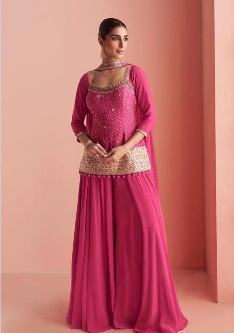 pink Zari Work Silk Blend Salwar Kameez - Indya