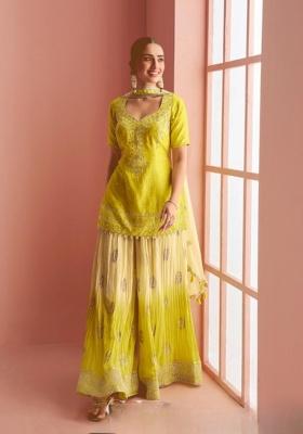 yellow Zari Work Silk Salwar Kameez