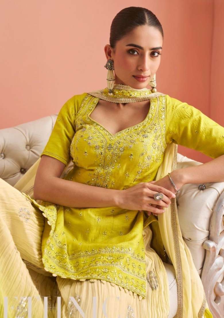 yellow Zari Work Silk Blend Salwar Kameez - Indya