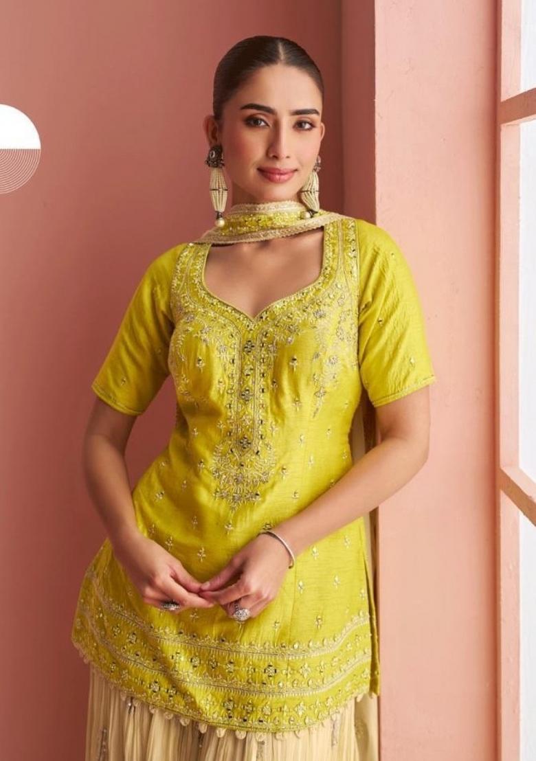 yellow Zari Work Silk Blend Salwar Kameez - Indya
