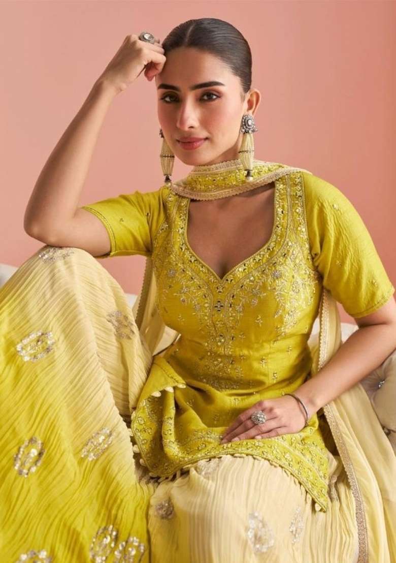yellow Zari Work Silk Blend Salwar Kameez - Indya