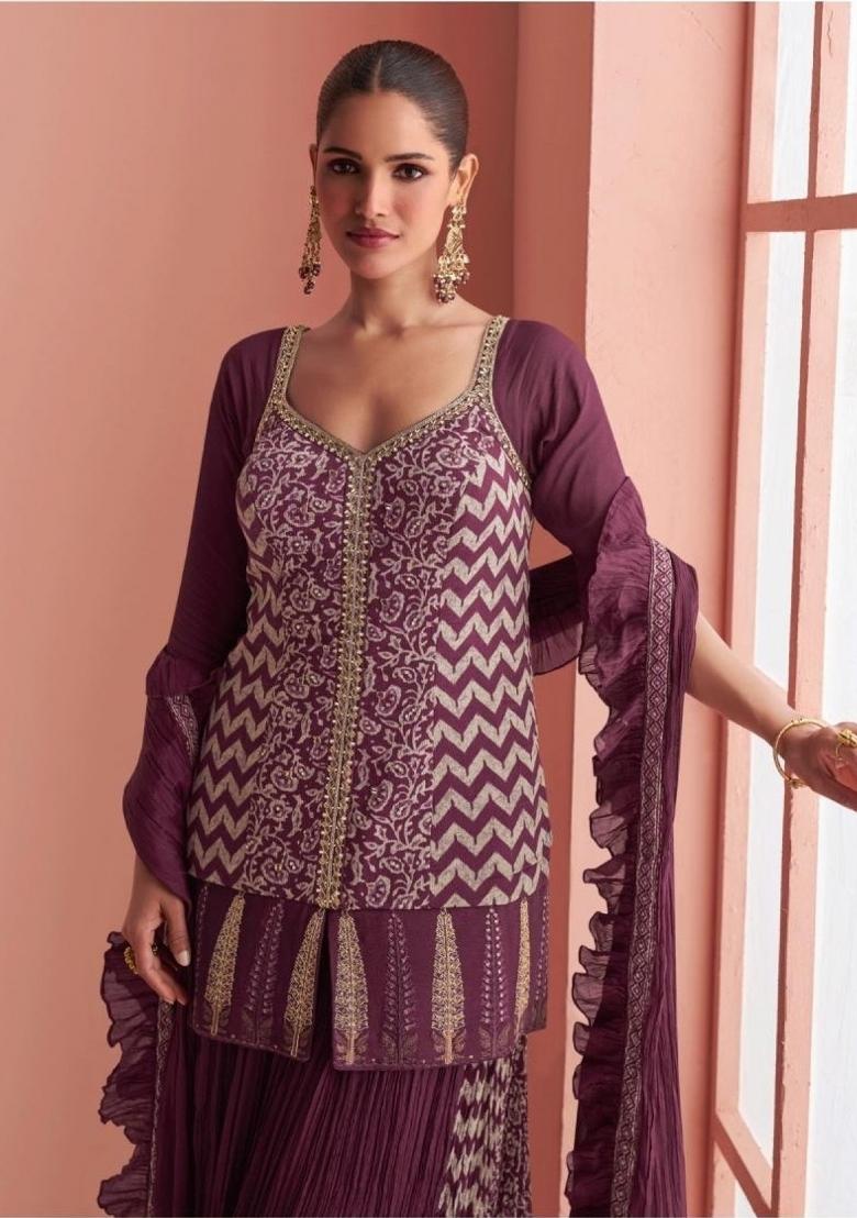 purple Zari Work Silk Blend Salwar Kameez - Indya