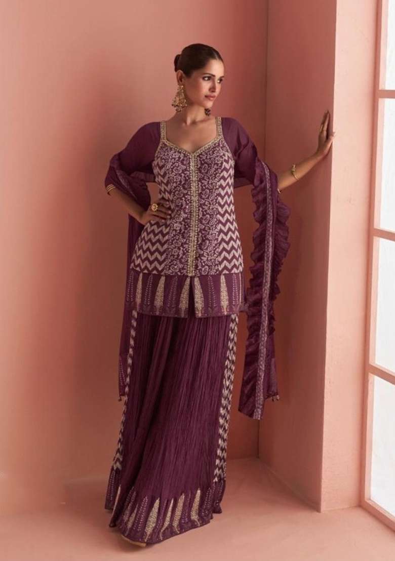 purple Zari Work Silk Blend Salwar Kameez - Indya