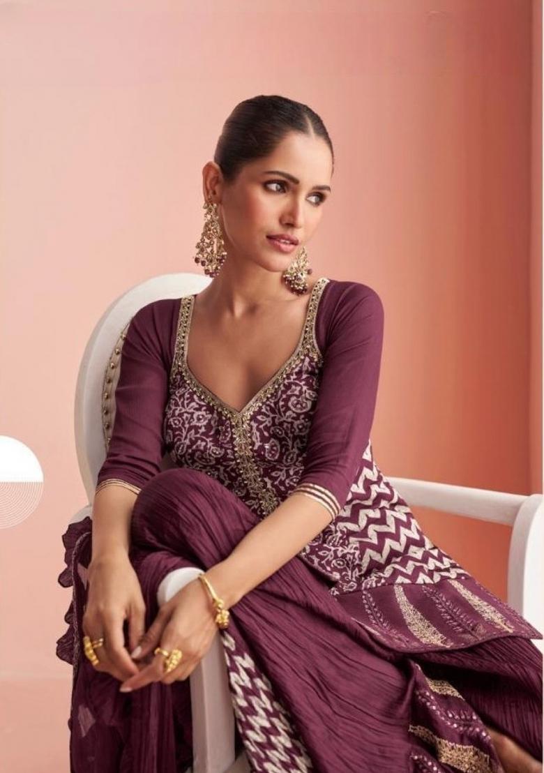 purple Zari Work Silk Blend Salwar Kameez - Indya