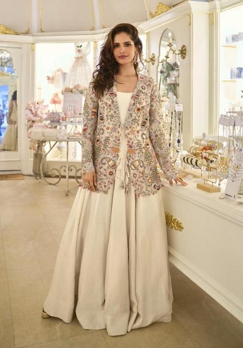 off white Zari Work Silk Indo Western Set