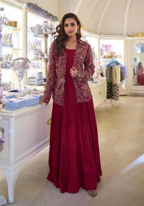 maroon Zari Work Silk Indo Western Set