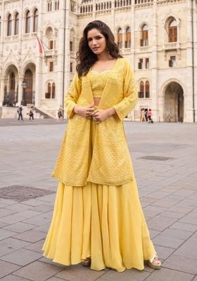 yellow Zari Work Georgette Indo Western Set