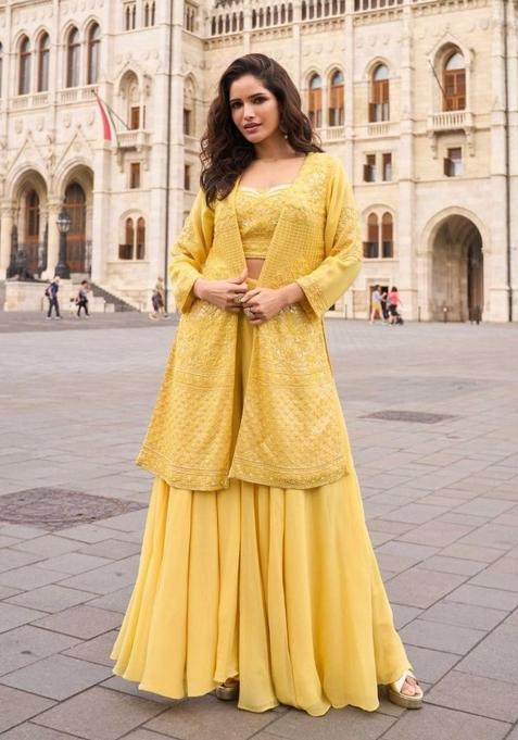 yellow Zari Work Georgette Indo Western Set