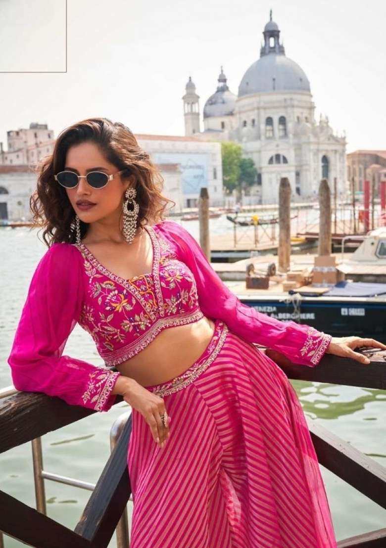 pink Zari Work Silk Indo Western Set - Indya