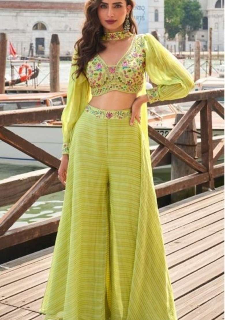 green Zari Work Silk Indo Western Set - Indya
