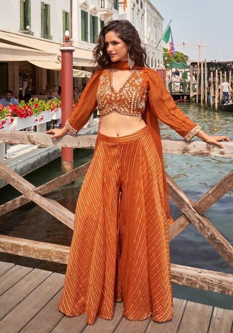 orange Zari Work Silk Indo Western Set