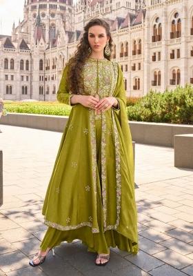 mehendi Zari Work Silk Salwar Kameez