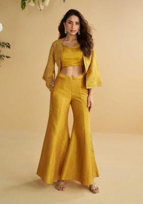 mustard Zari Work Silk Indo Western Set