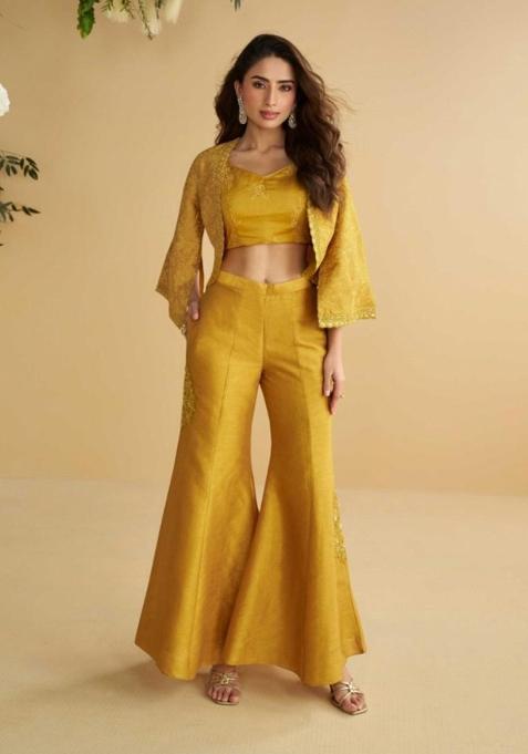 mustard Zari Work Silk Indo Western Set