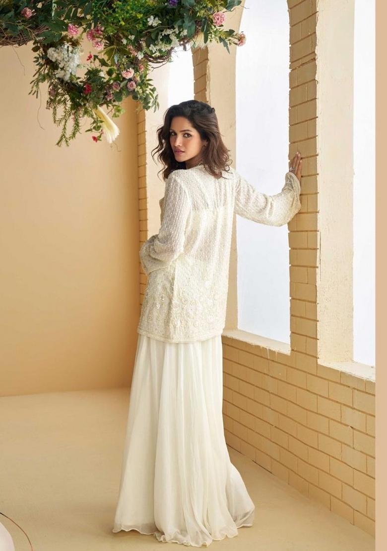 white Zari Work Silk Indo Western Set - Indya