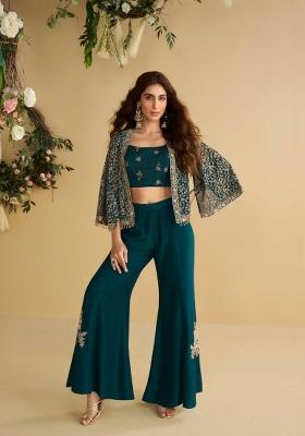 teal green Zari Work Silk Indo Western Set