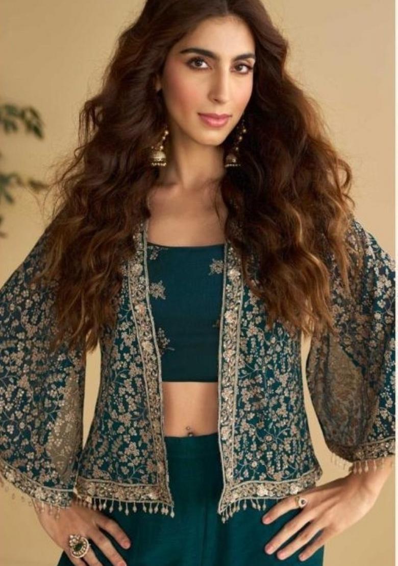 teal green Zari Work Silk Indo Western Set - Indya