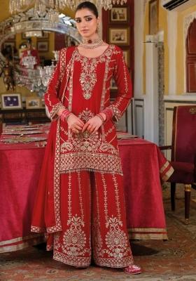red Zari Work Silk Salwar Kameez