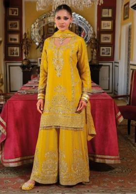 yellow Zari Work Silk Salwar Kameez