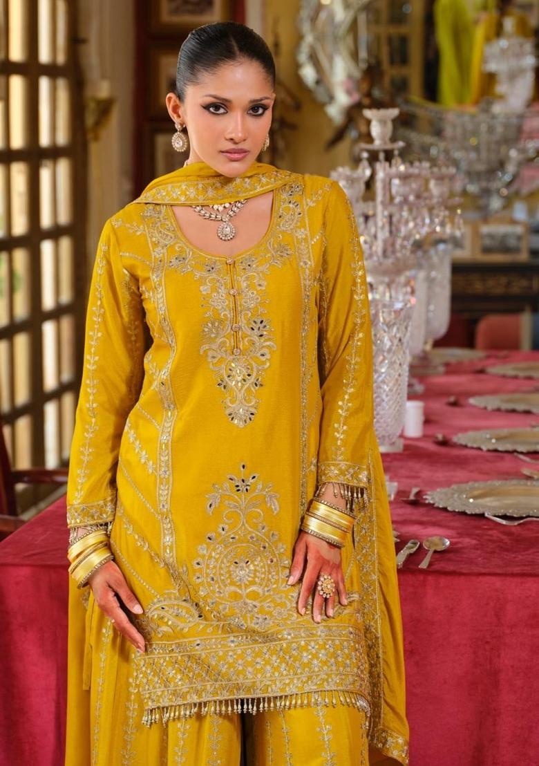yellow Zari Work Silk Blend Salwar Kameez - Indya