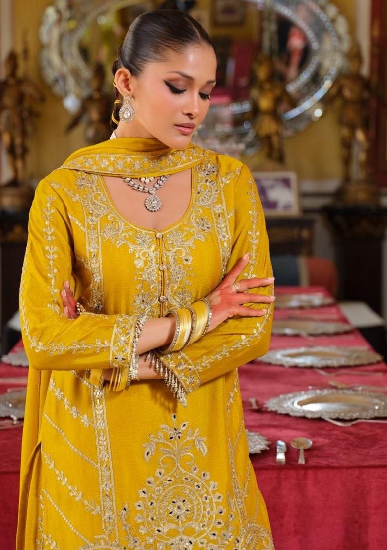 yellow Zari Work Silk Blend Salwar Kameez - Indya