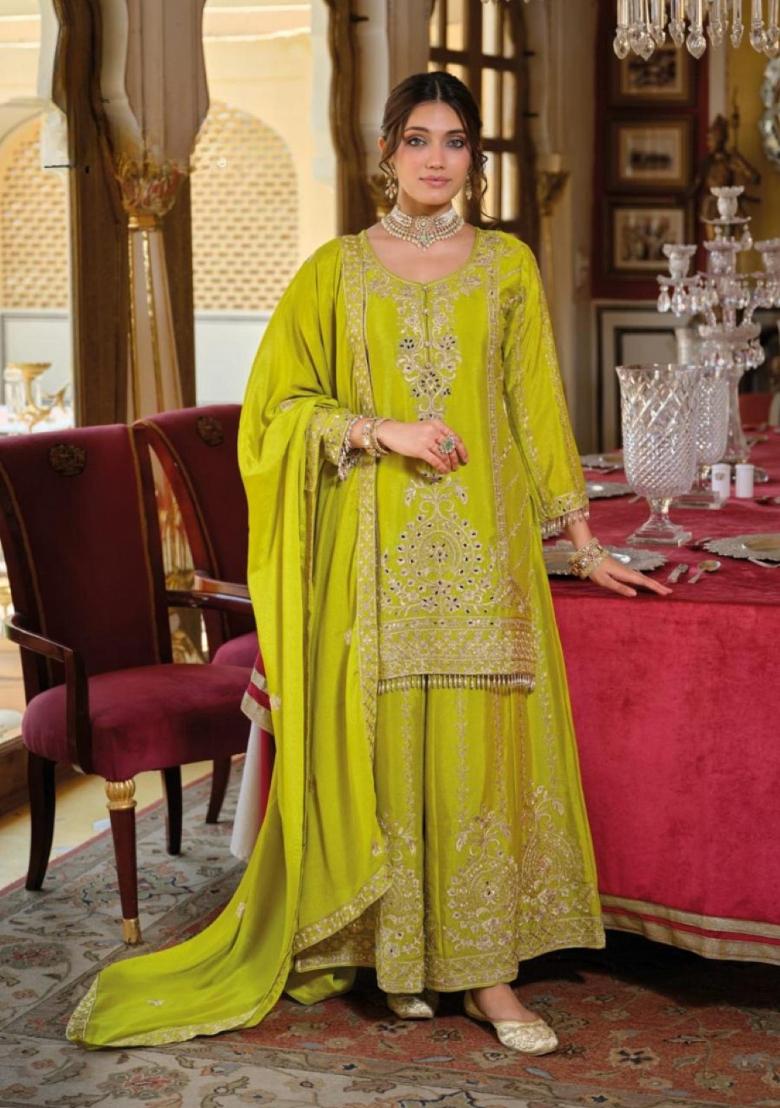 green Zari Work Silk Blend Salwar Kameez - Indya