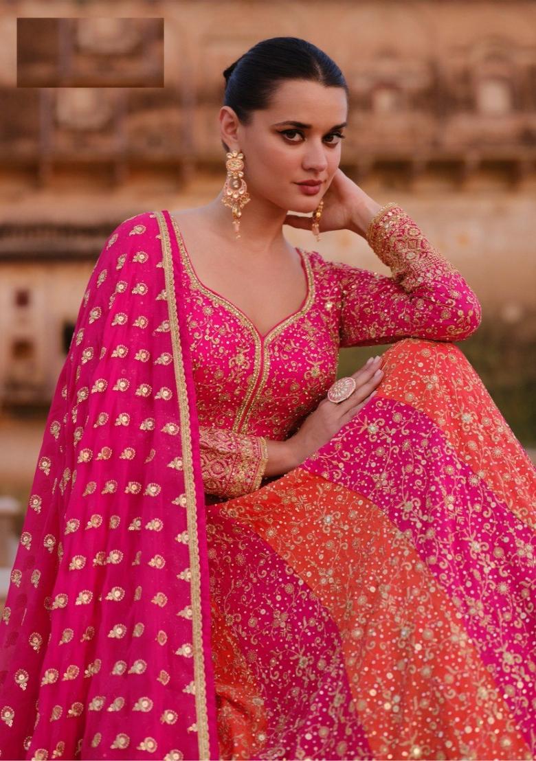 Pink Zari Work Georgette Anarkali With Dupatta - Indya