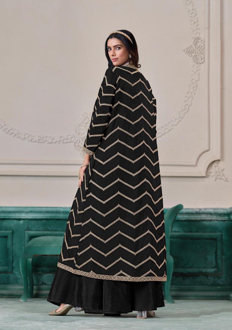 black Zari Work Silk Indo Western Set - Indya
