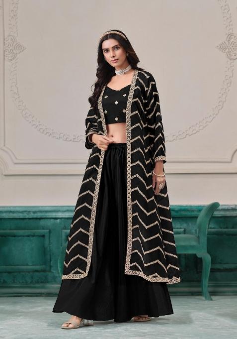 black Zari Work Silk Indo Western Set