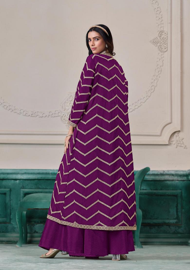 purple Zari Work Silk Indo Western Set - Indya