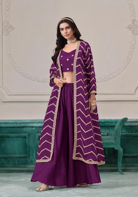 purple Zari Work Silk Indo Western Set