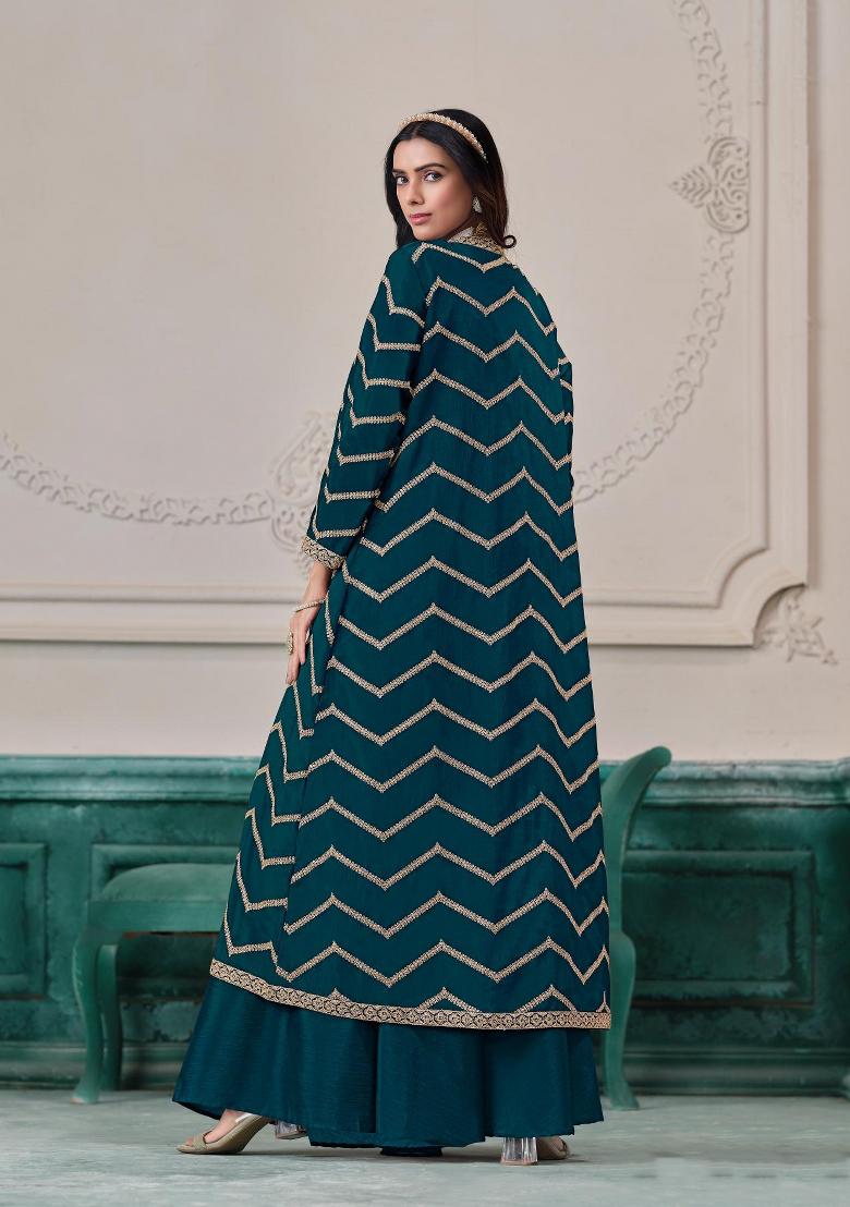 teal Zari Work Silk Indo Western Set - Indya