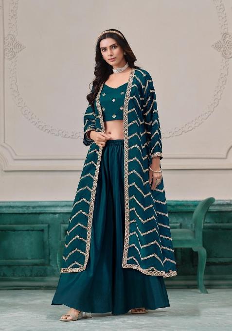 teal Zari Work Silk Indo Western Set