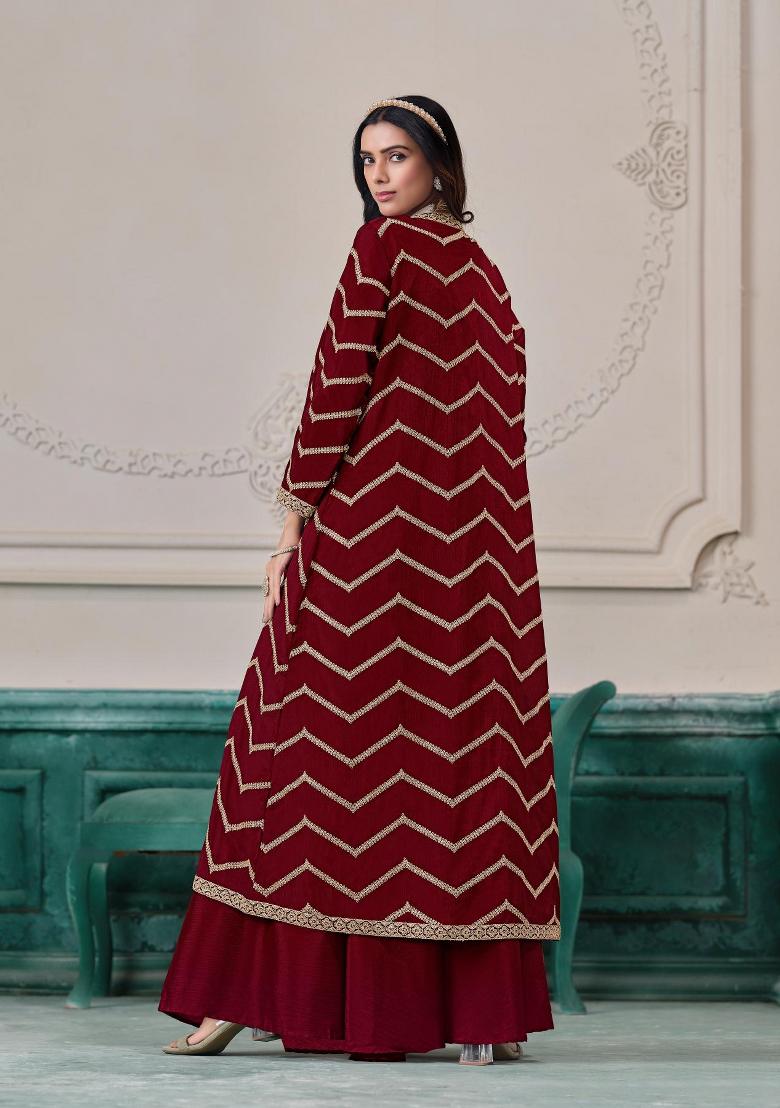 maroon Zari Work Silk Indo Western Set - Indya
