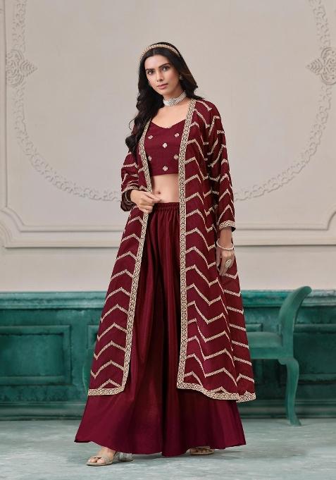 maroon Zari Work Silk Indo Western Set