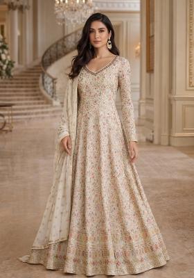 cream Zari Work Georgette Anarkali With Dupatta