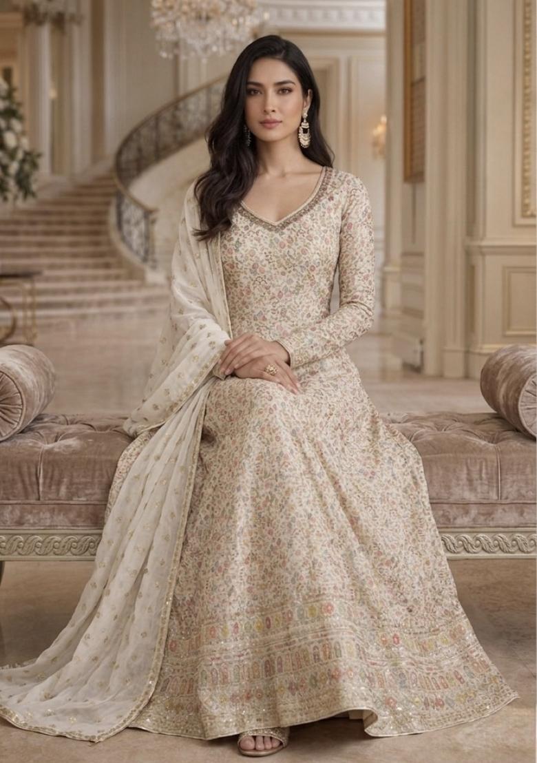 cream Zari Work Georgette Anarkali With Dupatta - Indya