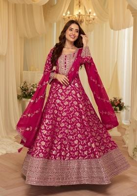 Pink Zari Work Silk Blend Anarkali With Dupatta