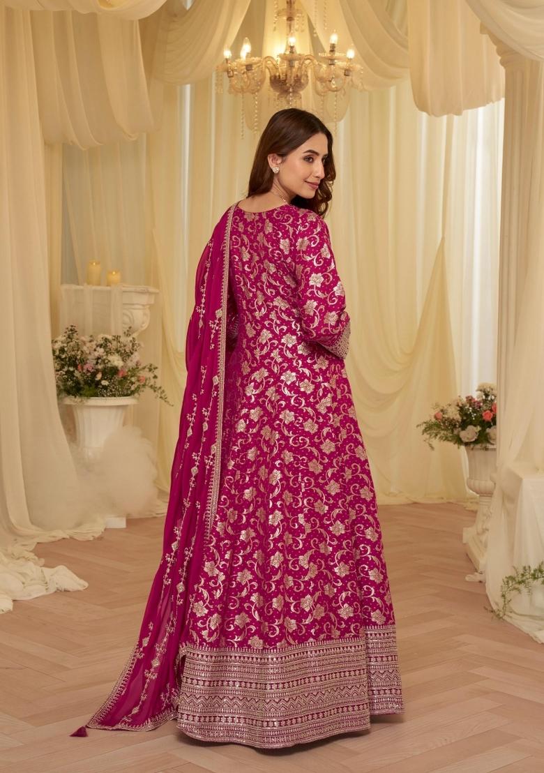 Pink Zari Work Silk Blend Anarkali With Dupatta - Indya