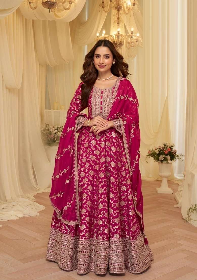 Pink Zari Work Silk Blend Anarkali With Dupatta - Indya