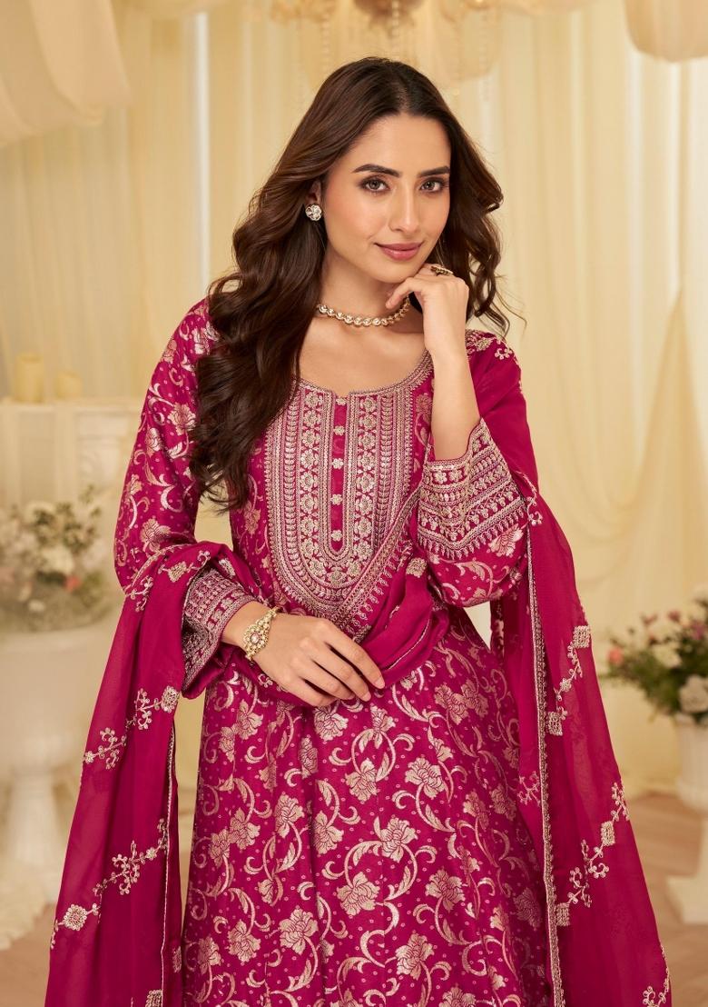Pink Zari Work Silk Blend Anarkali With Dupatta - Indya