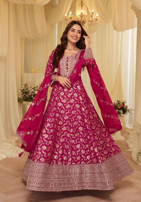 Pink Zari Work Silk Blend Anarkali With Dupatta