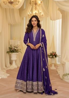 Purple Zari Work Silk Blend Anarkali With Dupatta