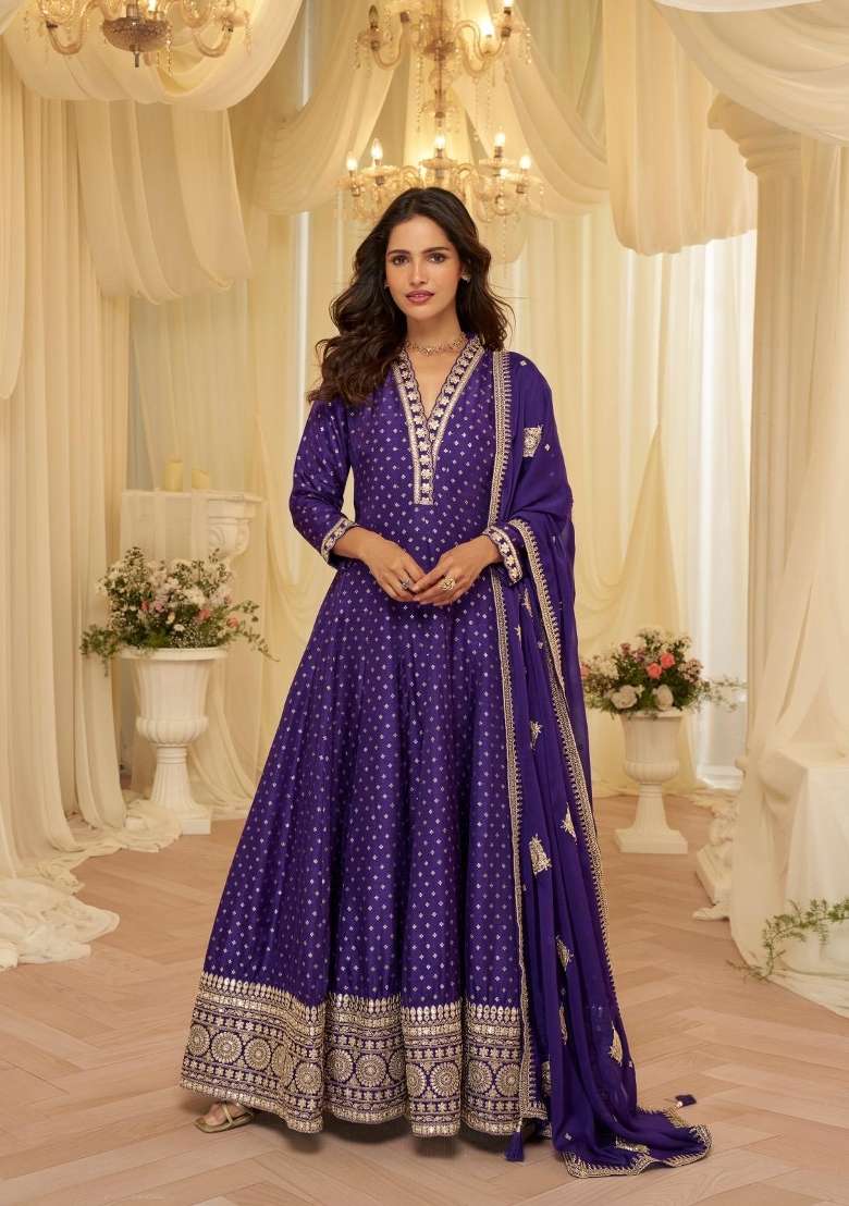 Purple Zari Work Silk Blend Anarkali With Dupatta - Indya
