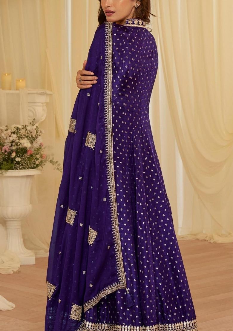 Purple Zari Work Silk Blend Anarkali With Dupatta - Indya