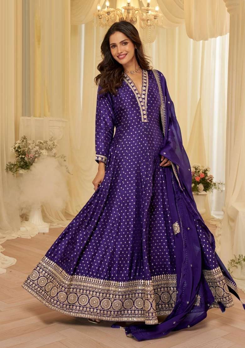 Purple Zari Work Silk Blend Anarkali With Dupatta - Indya