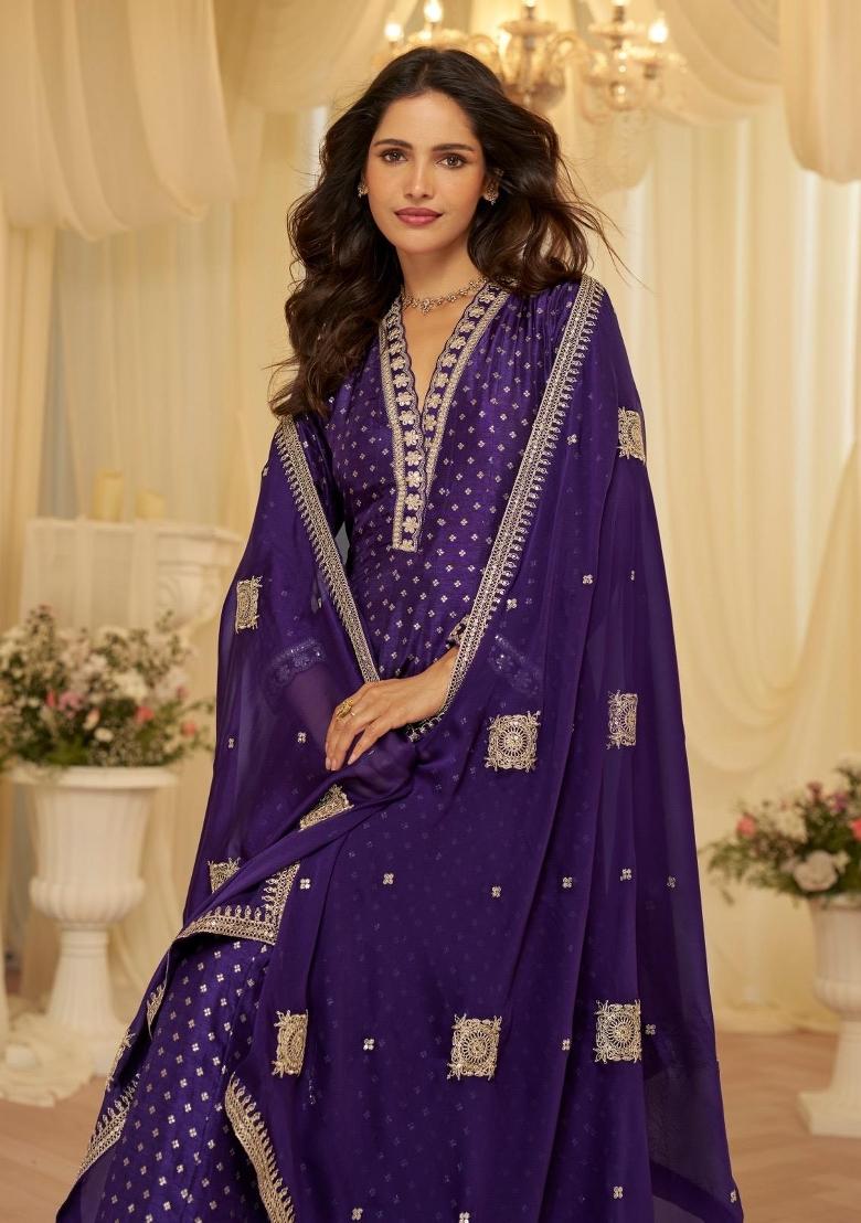 Purple Zari Work Silk Blend Anarkali With Dupatta - Indya